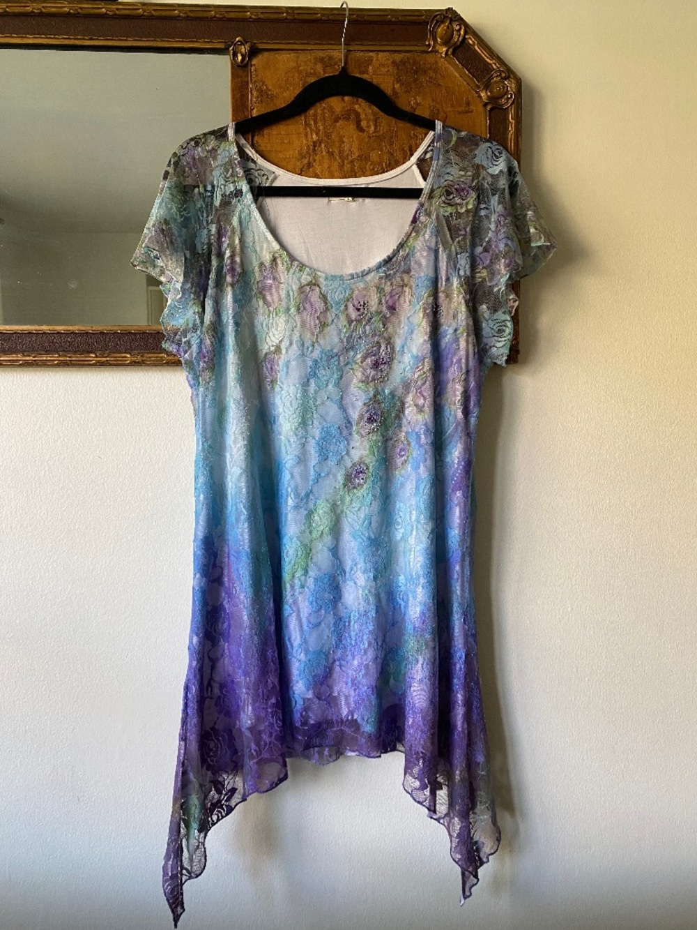 Vintage y2k Blue Purple Ombre Asymmetrical Rhinestone Tunic Fairy Large